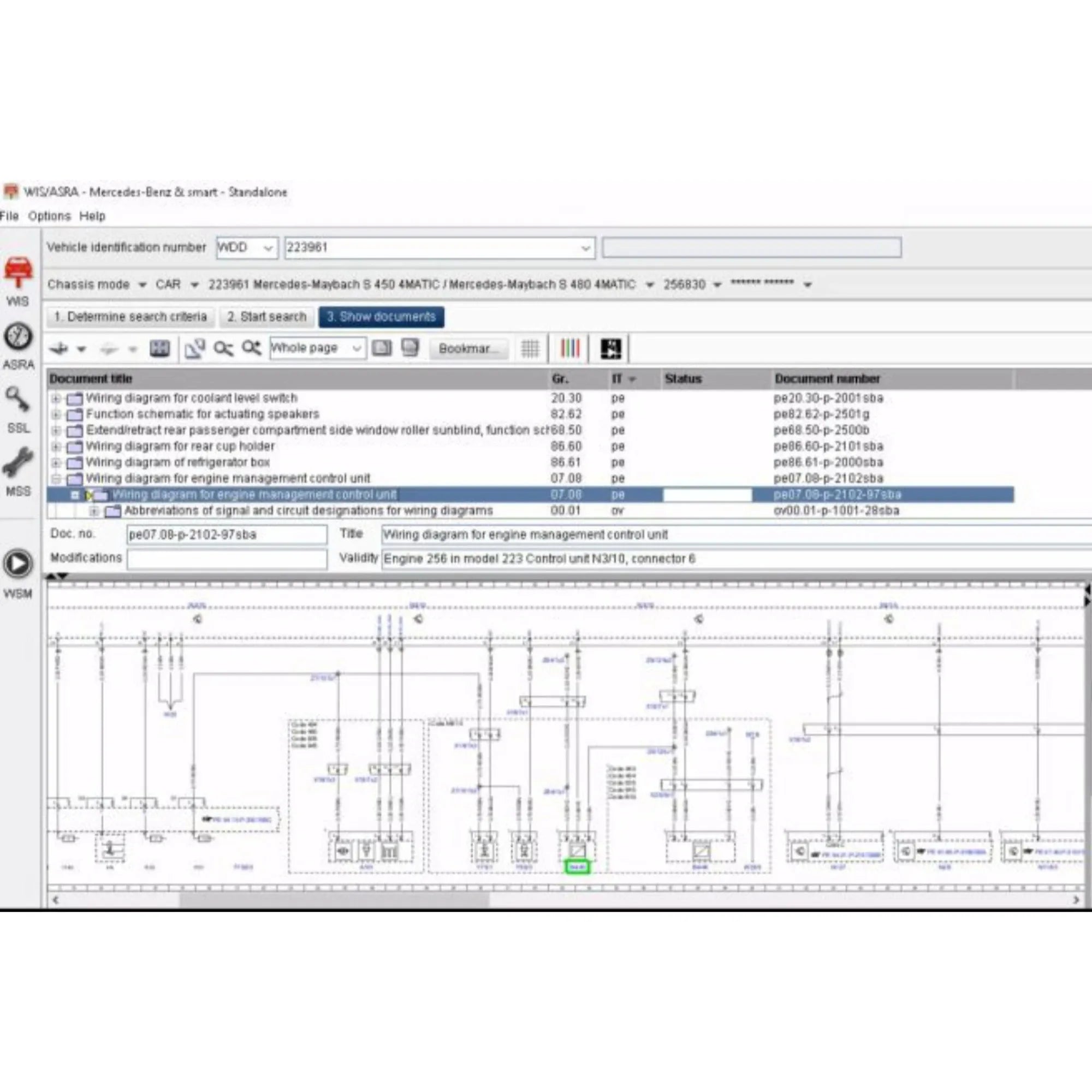 ProDiagTools WIS ASRA Standalone automotive diagnostic software interface showing vehicle wiring diagrams