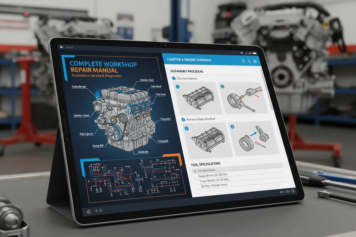 Tablet displaying a repair manual with engine diagrams in a workshop setting