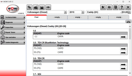 wurth wow 5.00.12 volkswagen diagnostic interface engine data scan vw caddy