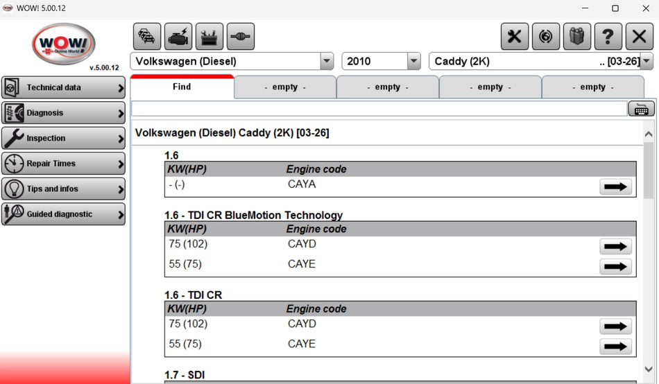 wurth wow 5.00.12 volkswagen diagnostic interface engine data scan vw caddy