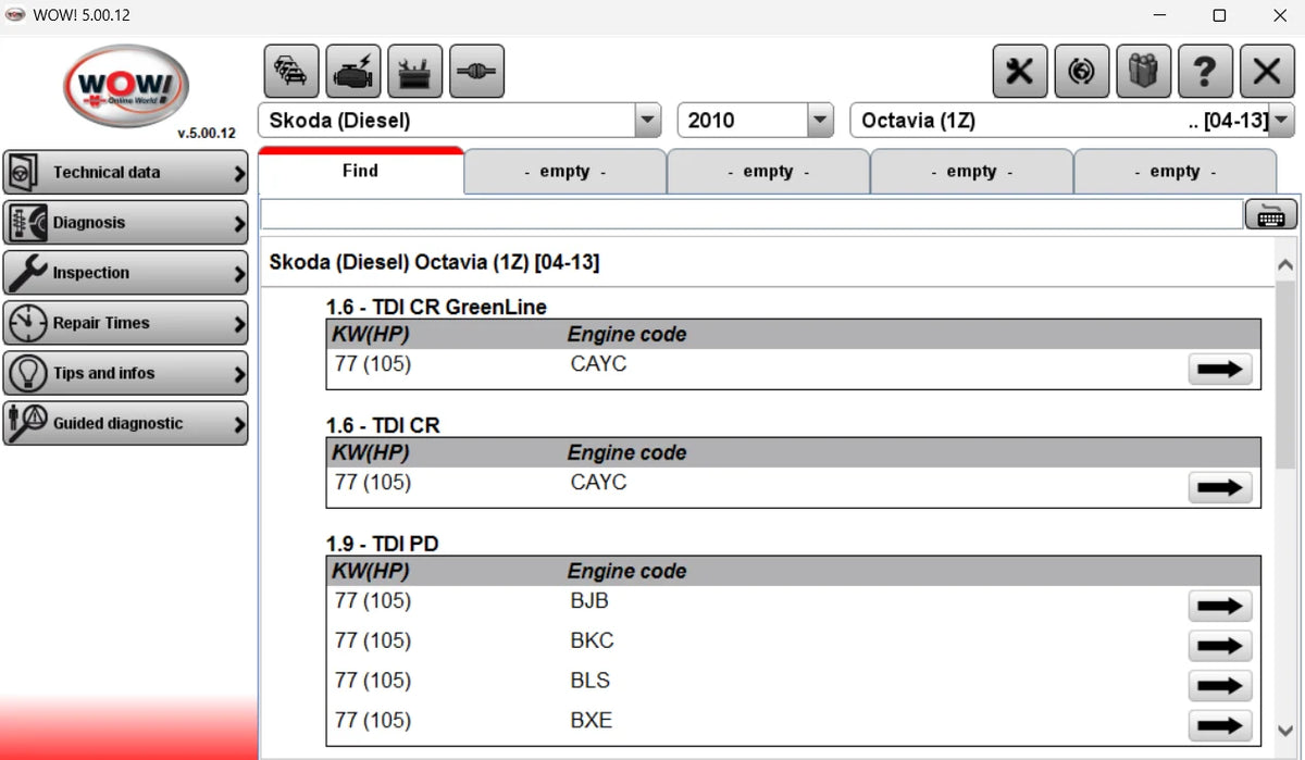 wurth wow 5.00.12 skoda diagnostic software engine data tdi cr greenline