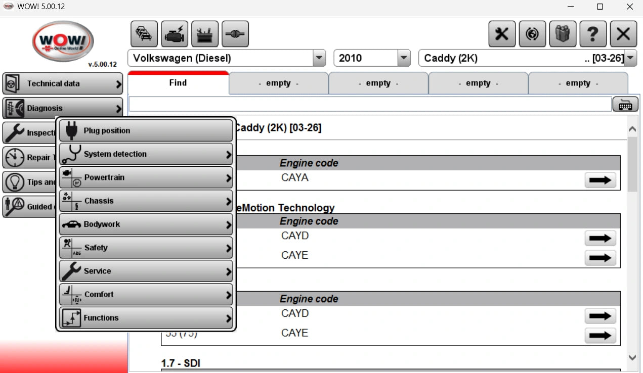 wurth wow diagnostic system detection menu engine abs airbag service functions