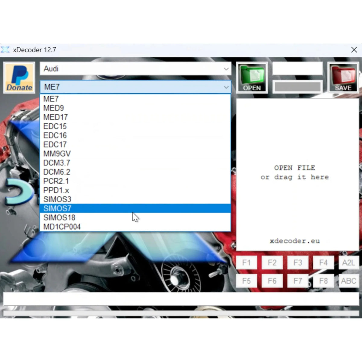 Software interface for xDecoder 12.7 with Audi vehicle data selection on a computer screen.