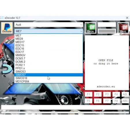 Software interface for xDecoder 12.7 with Audi vehicle data selection on a computer screen.