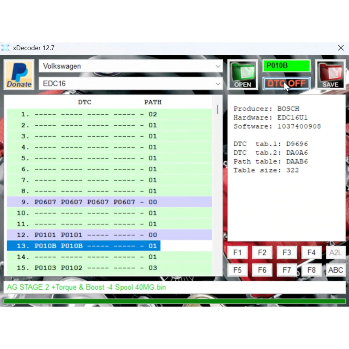 Software interface for Volkswagen diagnostic tool with various error codes displayed.