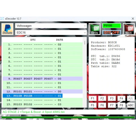 Software interface for Volkswagen diagnostic tool with various error codes displayed.