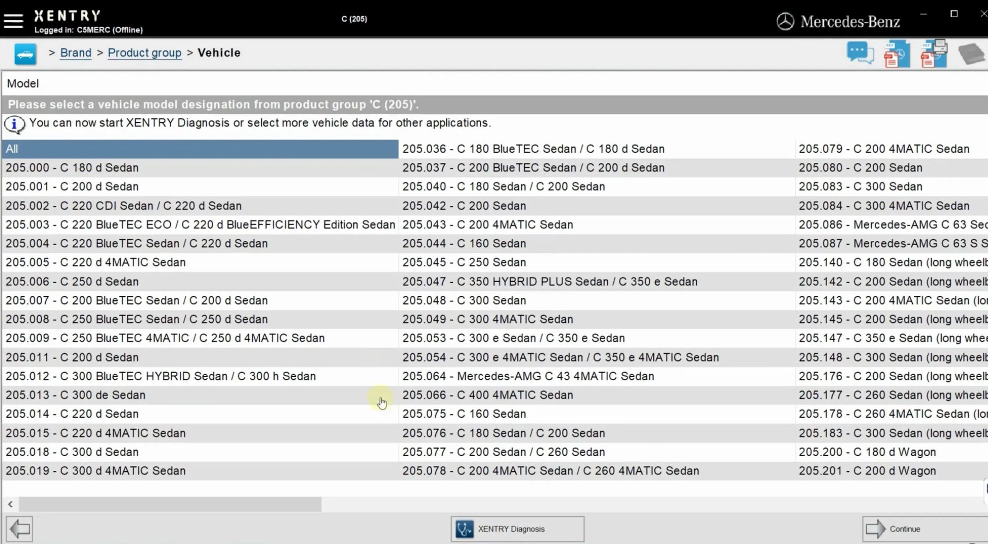 ProDiagTools Xentry Passthru J2534 Mercedes automotive diagnostic software interface displaying vehicle models