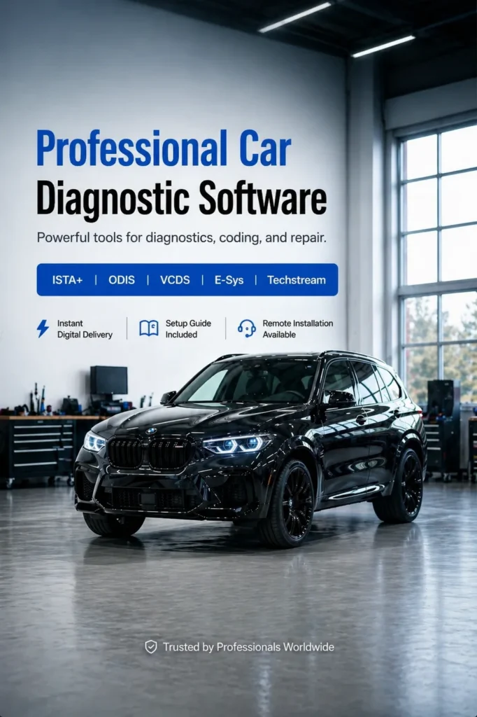 Professional car diagnostic software banner with BMW SUV in workshop, ISTA ODIS VCDS E-Sys Techstream tools, instant digital delivery and remote installation available