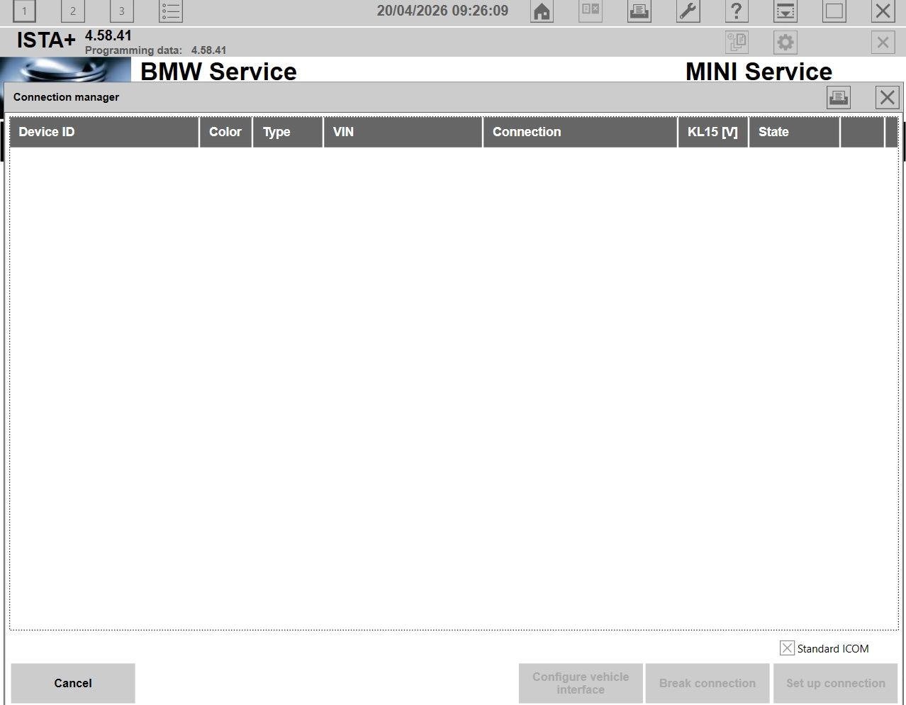 ista 4.58.41 connection manager bmw diagnostic interface icom enet setup screen