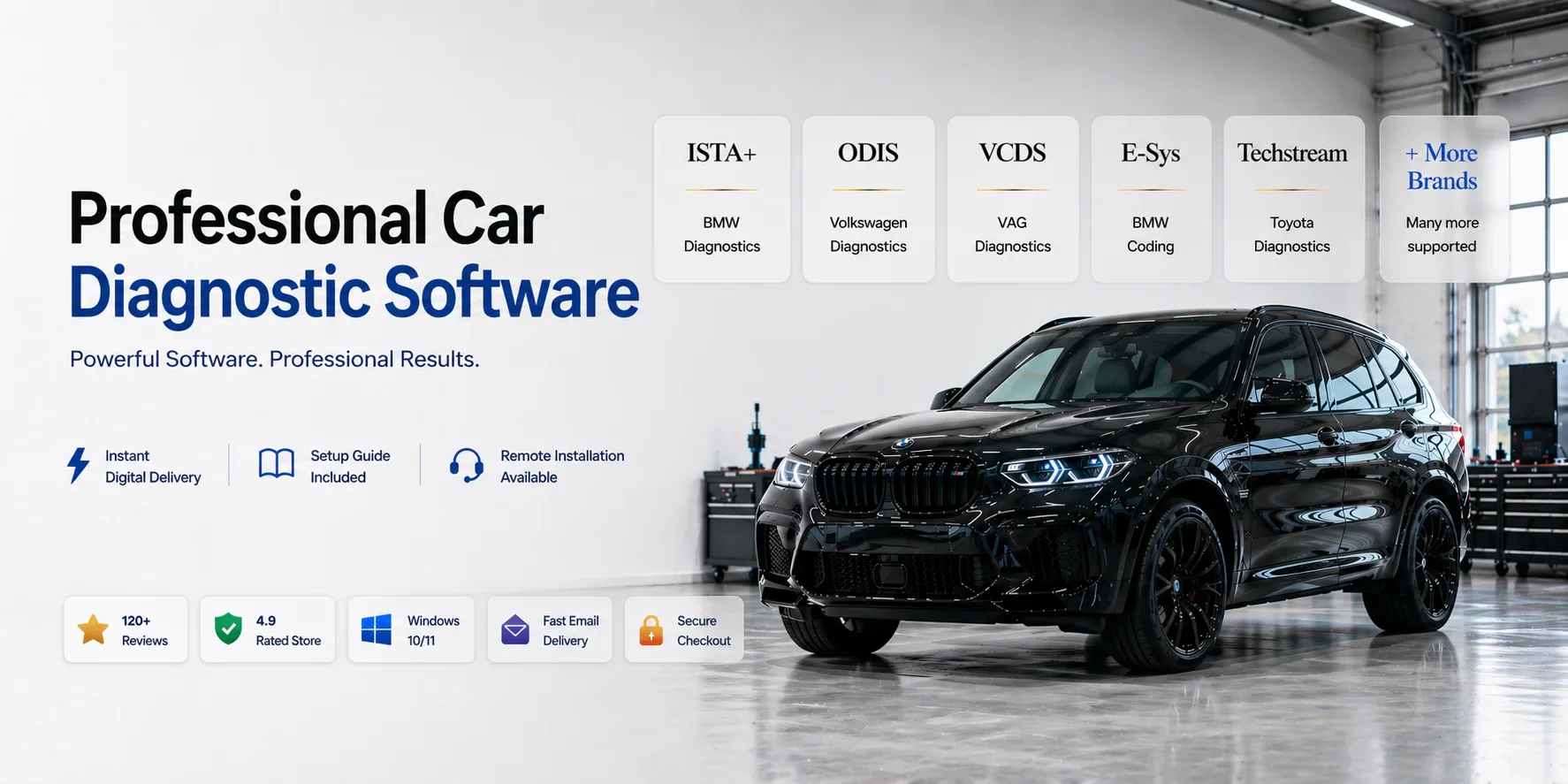 Professional car diagnostic software banner with BMW SUV, ISTA+, ODIS, VCDS, E-Sys, Techstream tools, instant digital delivery and remote installation support.